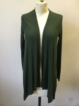 KIMCHI BLUE, Forest Green, Polyester, Acrylic, Solid, Ribbed Knit, Open Front, Long Sleeves, Angled Hem Front