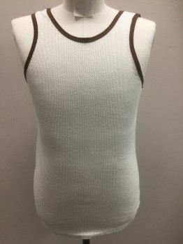 Mens, Tank, N/L, White, Brown, Nylon, Polyester, Solid, M, White Mesh with Holed Texture, Brown Ringer Style Edging at Neck and Arm Holes, 1.5" Straps, Scoop Neck