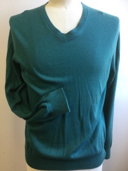 Mens, Pullover Sweater, BANANA REPUBLIC, Teal Green, Silk, Cotton, Solid, Large, V-neck, Long Sleeves,