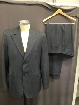 DOMINIC GHERARDI, Gray, Black, Blue, Wool, Stripes - Pin, Herringbone, Single Breasted, 2 Button Front, 2 Curved Pockets, Cuffed Sleeves