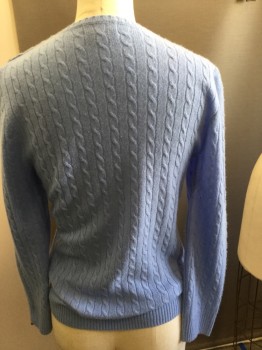 Womens, Pullover, JCREW, Powder Blue, Cashmere, Solid, XS, Crew Neck, Small Buttons on Left Shoulder, Long Sleeves, Cable Knit