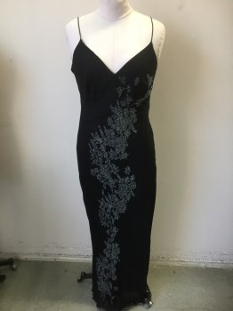 Womens, Evening Gown, PAPELL BOUTIQUE, Black, Clear, Pewter Gray, Silk, Polyester, 14, Pullover, Bias, Beaded Floral Pattern, Spaghetti Straps,
