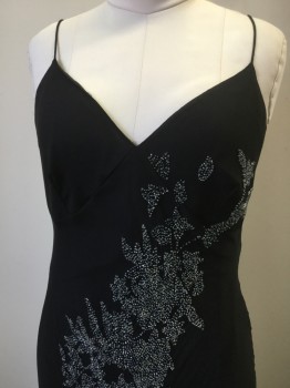 Womens, Evening Gown, PAPELL BOUTIQUE, Black, Clear, Pewter Gray, Silk, Polyester, 14, Pullover, Bias, Beaded Floral Pattern, Spaghetti Straps,