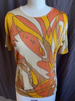 Womens, Pullover, ADANU, Tan Brown, Orange, Lt Brown, Black, Gold, Polyester, Abstract , B:38, Round Neck,  Short Sleeves,