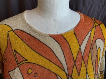 Womens, Pullover, ADANU, Tan Brown, Orange, Lt Brown, Black, Gold, Polyester, Abstract , B:38, Round Neck,  Short Sleeves,