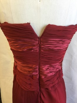 Womens, Evening Gown, CARMEN MARC VALVO, Dk Red, Silk, Solid, B:32, 2, W:25, Dark Red and Shimmer Red Gathered Braided Work Front, Strapless, Solid Bias Cut Skirt, Zip Back