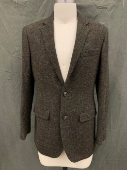 Mens, Sportcoat/Blazer, BROOKS BROTHERS, Brown, Olive Green, Black, Wool, Tweed, 36S, Single Breasted, Collar Attached, Notched Lapel, 3 Pockets, 2 Buttons
