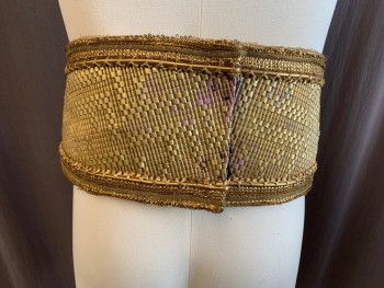 Unisex, Historical Fiction Belt, MTO, Gold, White, Leather, Metallic/Metal, W 31, Egyptian, Leather Braided Waistband, Hook & Eye Back Closure, Gold Metal Scarab Center Detail, Leather Braided Front Panel with Gold Metal Rope Stripe Detail, Metal Snake Detail at Hem, Side Panels of White Fabric with Gold Horizontal Embroidered Stripe Panels with Gold Rope Stripe Detail
