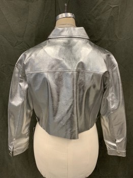XCULT, Silver, Polyurethane, Solid, Pleather, Snap Front, Collar Attached, 2 Flap Pockets, Long Sleeves, Snap Cuff, Snap Tabs at Back Waistband, Raw Back Hem