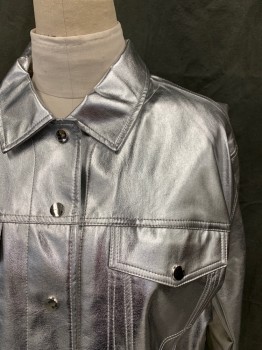 XCULT, Silver, Polyurethane, Solid, Pleather, Snap Front, Collar Attached, 2 Flap Pockets, Long Sleeves, Snap Cuff, Snap Tabs at Back Waistband, Raw Back Hem