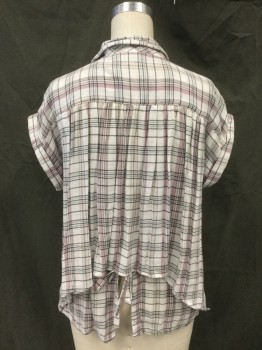 Womens, Top, WILLIAM RAST, White, Dusty Rose Pink, Green, Black, Lt Pink, Cotton, Viscose, Plaid, M, Button Front, Collar Attached, 2 Pockets, Rolled Back Cap Sleeve, Gathered at Back Yoke, Back Underlayer Flaps with Tie Closure