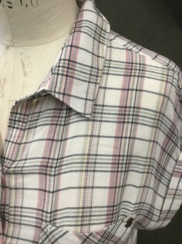 Womens, Top, WILLIAM RAST, White, Dusty Rose Pink, Green, Black, Lt Pink, Cotton, Viscose, Plaid, M, Button Front, Collar Attached, 2 Pockets, Rolled Back Cap Sleeve, Gathered at Back Yoke, Back Underlayer Flaps with Tie Closure