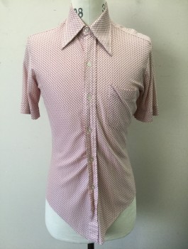 KMART, White, Mauve Pink, Acetate, Nylon, Check , Abstract , Textured Material, Short Sleeve Button Front, Collar Attached, 1 Patch Pocket,