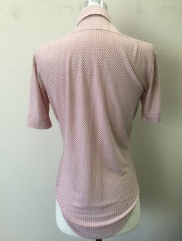 KMART, White, Mauve Pink, Acetate, Nylon, Check , Abstract , Textured Material, Short Sleeve Button Front, Collar Attached, 1 Patch Pocket,