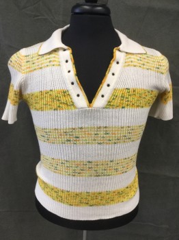 N/L, White, Yellow, Orange, Green, Neon Yellow, Polyester, Cotton, Stripes, Speckled, Ribbed Knit Short Sleeves, Collar Attached, Open Slit V-neck with Grommet Holes,