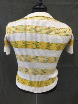 Mens, Sweater, N/L, White, Yellow, Orange, Green, Neon Yellow, Polyester, Cotton, Stripes, Speckled, 32B, M, Ribbed Knit Short Sleeves, Collar Attached, Open Slit V-neck with Grommet Holes,