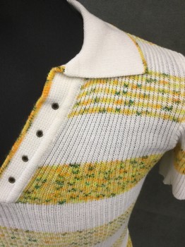 Mens, Sweater, N/L, White, Yellow, Orange, Green, Neon Yellow, Polyester, Cotton, Stripes, Speckled, 32B, M, Ribbed Knit Short Sleeves, Collar Attached, Open Slit V-neck with Grommet Holes,