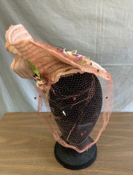 Womens, Hat, N/L MTO, Lt Pink, White, Multi-color, Horsehair, Silk, Saucer Shaped Fascinator Style Hat, with Light Pink Silk Ruffles on Horsehair Base, Velvet Flowers and White Feather Details, Brown Netting Attached, Asymmetric with Self Ruffle/Flourish to One Side, Made To Order