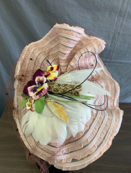 Womens, Hat, N/L MTO, Lt Pink, White, Multi-color, Horsehair, Silk, Saucer Shaped Fascinator Style Hat, with Light Pink Silk Ruffles on Horsehair Base, Velvet Flowers and White Feather Details, Brown Netting Attached, Asymmetric with Self Ruffle/Flourish to One Side, Made To Order