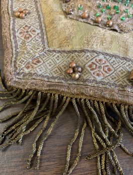 N/L, Brown, Taupe, Silk, Beaded, Textured Jacquard, with Various Trims, Beading and Textures, Gold Metallic Tassels at Bottom, Self Fabric Strap,