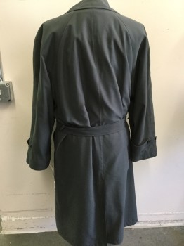 Mens, Coat, Trenchcoat, BILL BLASS, Moss Green, Acrylic, Wool, Solid, 40, Single Breasted, Collar Attached, 2 Pockets, Self Belt, Removable Liner, 2PC
