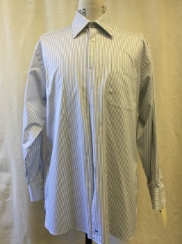 JOHN W NORDSTROM, White, Navy Blue, Cotton, Stripes - Vertical , Button Front, Collar Attached, Long Sleeves, 1 Pocket,