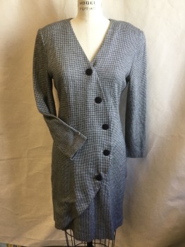N/L, Black, Cream, Cotton, Wool, Houndstooth, L/S, Padded Shoulders, Buttons Down Front With Curved Seam, Knee Length, Zipper In Back