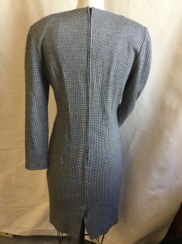 N/L, Black, Cream, Cotton, Wool, Houndstooth, L/S, Padded Shoulders, Buttons Down Front With Curved Seam, Knee Length, Zipper In Back