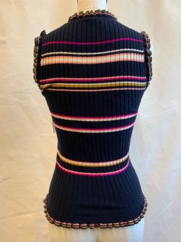 Womens, Top, REBECCA TAYLOR, Navy Blue, Magenta Purple, Ivory White, Lt Pink, Brown, Wool, Viscose, Stripes - Vertical , XS, Ribbed, High Crew Neck, Sleeveless, Ruffle Trim
