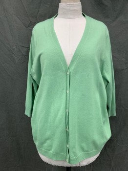 Womens, Sweater, LAND'S END, Avocado Green, Acrylic, Nylon, Solid, 3XL, Button Front, 3/4 Sleeve, Ribbed Knit Waistband/Cuff