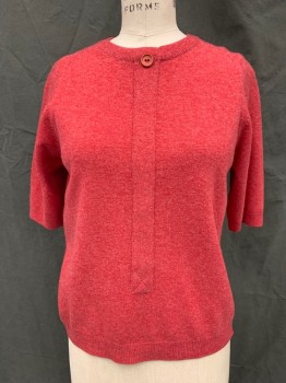 SAKS FIFTH AVENUE, Red, Wool, Heathered, Pullover, Ribbed Knit Crew Neck, Raglan Short Sleeves, Ribbed Knit Waistband/Cuff, 1 Button Center Detail with Faux Placket
