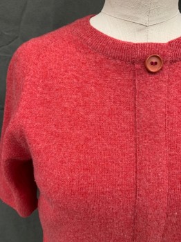 SAKS FIFTH AVENUE, Red, Wool, Heathered, Pullover, Ribbed Knit Crew Neck, Raglan Short Sleeves, Ribbed Knit Waistband/Cuff, 1 Button Center Detail with Faux Placket