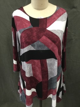 Womens, Top, ALFANI, Off White, Heather Gray, Maroon Red, Black, Polyester, Spandex, Abstract , 3X, Wide Round Neck,  3/4 Sleeves, Flare Bottom
