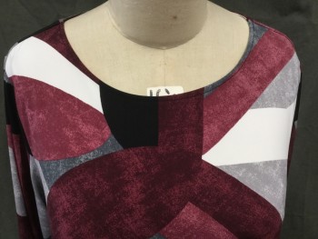 Womens, Top, ALFANI, Off White, Heather Gray, Maroon Red, Black, Polyester, Spandex, Abstract , 3X, Wide Round Neck,  3/4 Sleeves, Flare Bottom