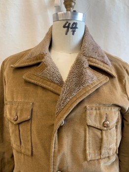 Mens, Jacket, RAFFAELO, Khaki Brown, Leather, Solid, C: 48, Collar Attached with Khaki Sherpa Trim, Single Breasted, Button Front, 2 Flap Pockets, 2 Slant Waist Pockets,
