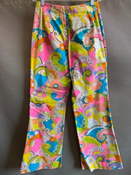 Womens, Pants, COUNTRY SET, Neon Pink, Yellow, Chartreuse Green, Orange, Turquoise Blue, Polyester, Cotton, Floral, W26, High Waist, Back Zipper, Flared, Psychadelic