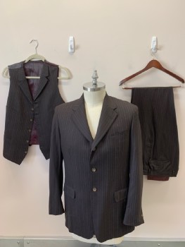 Mens, 1930s Vintage, Suit, Jacket, MTO, Brown, Taupe, Wool, Stripes - Pin, 42L, 3 Bttns, Single Breasted, Notched Lapel, 3 Pckts, Multiples, See Cf001476
