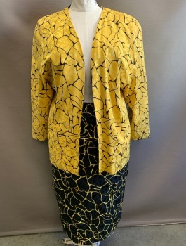 ERNST STRAUSS, Sunflower Yellow, Black, Silk, Abstract , Reversible: Cracked Ice Pattern Jacquard, One Side is Yellow, Opposite is Black Inverse, Long Sleeves, Padded Shoulders, Open Front with No Closures, 2 Welt Pockets, **Barcode in Pocket