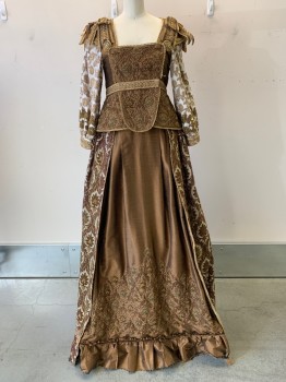 NO LABEL, Copper Metallic, Gold, White, Synthetic, Floral, BODICE- L/S, Square Neck, Beaded Leaf Embroidery, Gold Trimming, Shoulder Bows, Waist Flaps