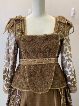 Womens, Historical Fict 2 Piece Dress, NO LABEL, Copper Metallic, Gold, White, Synthetic, Floral, 32, BODICE- L/S, Square Neck, Beaded Leaf Embroidery, Gold Trimming, Shoulder Bows, Waist Flaps