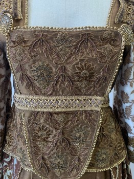 Womens, Historical Fict 2 Piece Dress, NO LABEL, Copper Metallic, Gold, White, Synthetic, Floral, 32, BODICE- L/S, Square Neck, Beaded Leaf Embroidery, Gold Trimming, Shoulder Bows, Waist Flaps