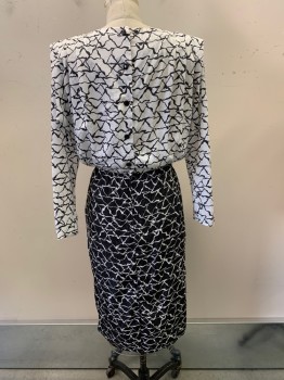 J.S.J, White, Black, Polyester, Abstract , Boat Neck, Button Back, L/S, Elastic Waistband, 2 Pockets, Pleated, Zip Back, White Top with Black Lines, Black Skirt and White Lines *Yellow Stain on Left Side of Bust*