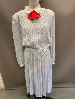 Womens, Dress, JOY GORDON, White, Navy Blue, Red, Polyester, Polka Dots, 42B, 18, 30W, L/S Pleats Elastic Waist, Buttons Down CB Attached Red Neck Bow Matching Belt with 2 Button Closure.