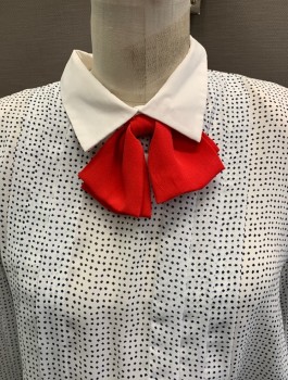 JOY GORDON, White, Navy Blue, Red, Polyester, Polka Dots, L/S Pleats Elastic Waist, Buttons Down CB Attached Red Neck Bow Matching Belt with 2 Button Closure.