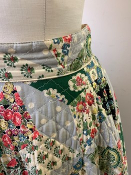 Womens, Skirt, JUNIOR HOUSE, Multi-color, Poly/Cotton, Patchwork, Floral, W26, Full Skirt, Zip Back, Quilted, Ivory Piping,