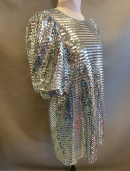 ZARA, Silver, Sequins, Polyester, Solid, Covered in Small Rectangular Paillettes, Puffy 1/2 Length Sleeves, Round Neck, Shift Dress, Hem Above Knee, 1 Button Closure at Back Neck
