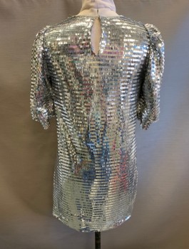 ZARA, Silver, Sequins, Polyester, Solid, Covered in Small Rectangular Paillettes, Puffy 1/2 Length Sleeves, Round Neck, Shift Dress, Hem Above Knee, 1 Button Closure at Back Neck