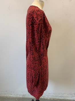Womens, Dress, FREE PEOPLE, Red, Black, Rayon, Floral, 6, V-neck, Wrap, Long Sleeves, Puff Shoulders, Hook & Eyes and Tie