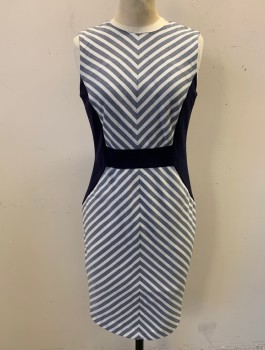 Womens, Dress, Sleeveless, BLACK HALO, Slate Blue, White, Navy Blue, Polyester, Rayon, Chevron, Solid, Sz.4, Sheath Dress, Midsection is Slate and White Chevron Stripes, Sides and Waistband are Solid Navy, Round Neck, Fitted, Knee Length, Center Back Zipper