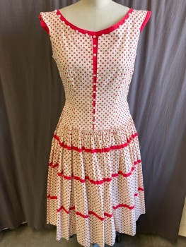 Womens, Dress, VICKY VAUGHN, Cream, Red, Cotton, Polka Dots, W:27, B:34, Slvls, Round Neck, With Red Insert CF W/Btns, Tiered Skirt With Red Trim